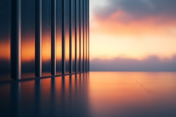 Aufkleber - A modern data center showcases a row of server racks emitting a soft blue glow, complemented by subtle reflections on a polished floor during sunset
