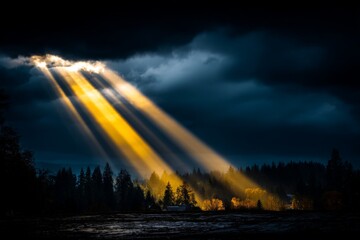 Aufkleber - Sunlight breaks through dark clouds, illuminating a serene landscape at dusk