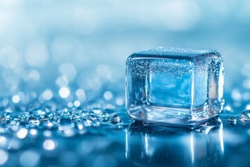 Poster - Clear ice cube resting on reflective surface surrounded by droplets, showcasing the beauty of water and light
