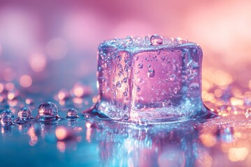 Poster - Ice cube surrounded by droplets on a colorful surface during evening light in a creative artistic setting