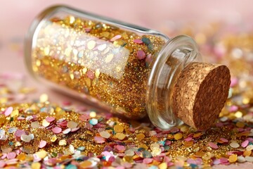 Poster - Sparkling gold and pink confetti shines from a glass bottle atop a surface sprinkled with glitter