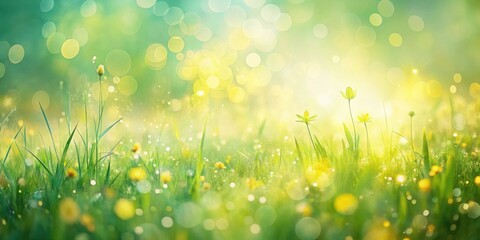 Aufkleber - A Vibrant Spring Meadow Scene with Dew-Kissed Grass and Bright Yellow Flowers Basking in the Golden Sunlight