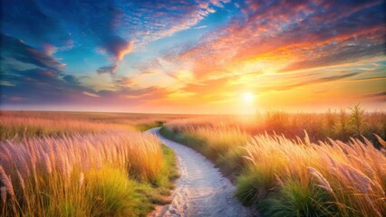 Aufkleber - Serene Sunset Path Through Golden Grassland at Dawn