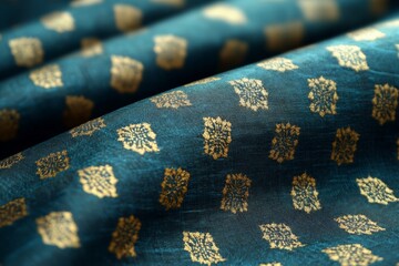 Aufkleber - Richly patterned fabric featuring gold designs on a deep teal background makes for an elegant textile suitable for various crafts