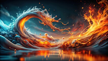 Aufkleber - Abstract fiery and icy wave collision, swirling energy, dynamic liquid forms, vibrant color palette, dramatic lighting