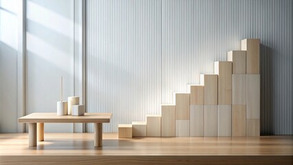 Fototapete - Minimalist Wooden Blocks Ascending Staircase on Light Wood Tabletop with Simple Decor