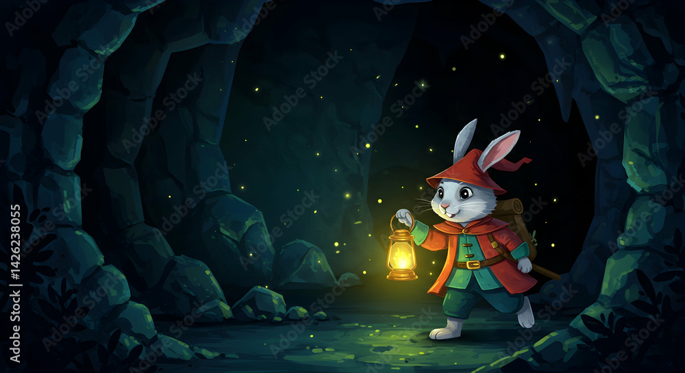 Adventurous bunny explores dark cave with lantern fantasy illustration ...