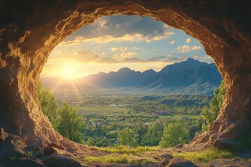 Aufkleber - Mountain view from a cave opening at sunset with lush greenery and distant peaks