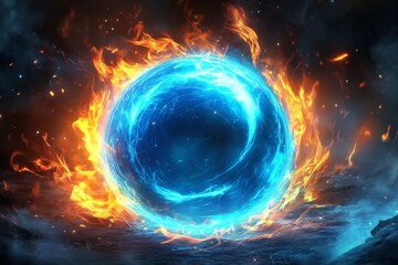 Poster - Colorful swirling sphere of fire and ice illuminating a dark fantasy landscape at twilight