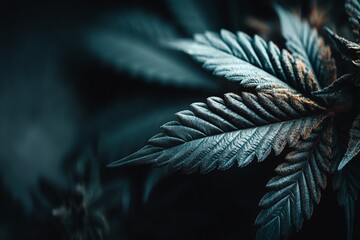 Poster - Close-up of green cannabis leaves showcasing intricate details in a dimly lit environment