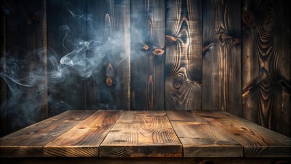 Poster - Rustic Wooden Tabletop with Smoky Atmosphere, Ideal for Product Display or Dramatic Scene Setting