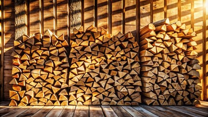 Poster - Warm Golden Light Illuminates Neat Stacks of Firewood Against a Rustic Wooden Wall