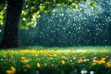 Poster - Rainfall creates a tranquil atmosphere in a lush green park surrounded by vibrant leaves