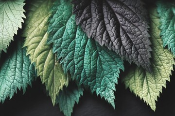Poster - Beautiful assortment of textured green and black leaves arranged artistically on a dark surface