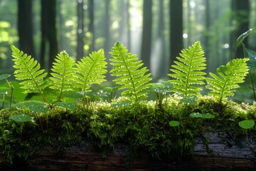 Poster - Green ferns thriving on mossy log in sunlight filtered through dense forest trees
