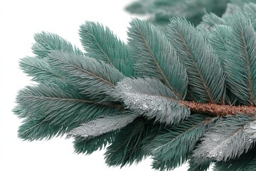 Poster - Close-up view of evergreen tree branches showing fine details and water droplets in natural light during the morning