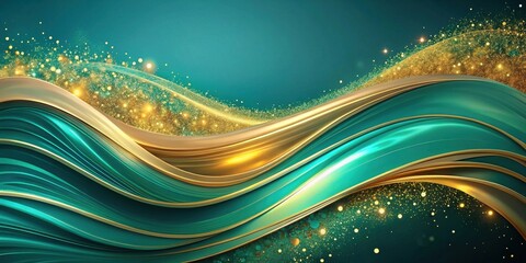 Poster - Abstract Teal and Gold Swirling Waves with Sparkling Glitter Background