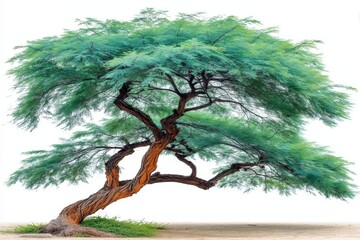 Poster - Unique twisted tree with vibrant green foliage in a serene natural setting under clear skies