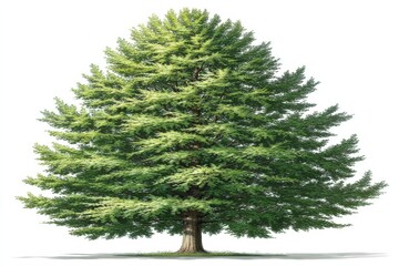 Poster - Tall evergreen tree showcasing vibrant green foliage in a bright, sunny setting during the summer season