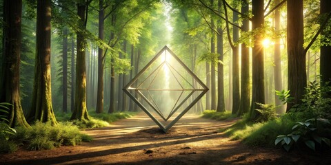 Aufkleber - Serene Sunrise Illuminates Geometric Structure in Misty Woodland Path