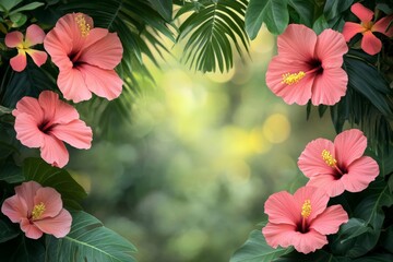 Poster - Pink hibiscus flowers surrounded by lush green leaves in a tropical garden setting