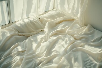 Aufkleber - Soft white bedding draped across a sunlit bedroom with sheer curtains softly blowing