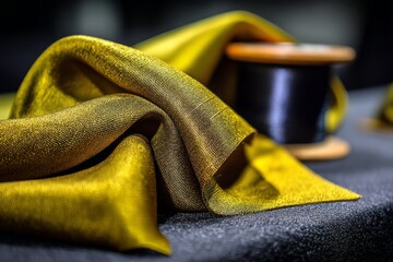 Aufkleber - Silk fabric draped elegantly with a spool of thread on a dark surface showcasing fine textile craftsmanship