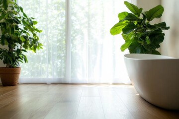 Poster - A bright, sanitized bathroom showcases a sparkling white bathtub surrounded by lush greenery, enhanced by soft light creating a serene and refreshing ambiance