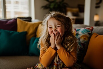 Poster - A young girl sits on a cozy couch in a bright living room, laughing with her hands covering her face, surrounded by colorful throw pillows