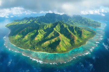 Aufkleber - Lush green island with dramatic mountain peaks surrounded by clear turquoise ocean waters in bright sunlight