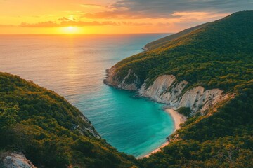 Aufkleber - Stunning sunset over a secluded beach cove surrounded by hills and lush greenery