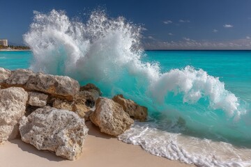 Aufkleber - Powerful waves crashing against rocks on a sunny beach with turquoise water at midday in a tropical location