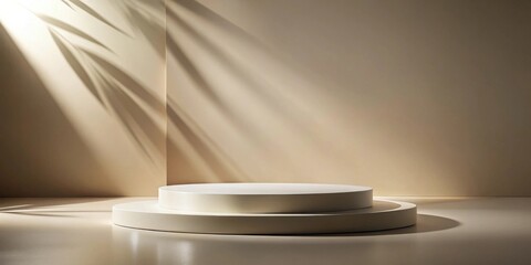 Poster - Cream-colored tiered display stand illuminated by sunlight filtering through leaves, minimalist product presentation backdrop