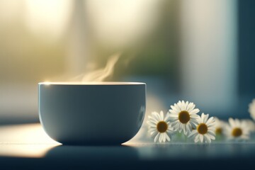 Poster - A steaming cup of chamomile tea sits amidst fresh daisies on a table, illuminated by soft morning light with a gentle, defocused background