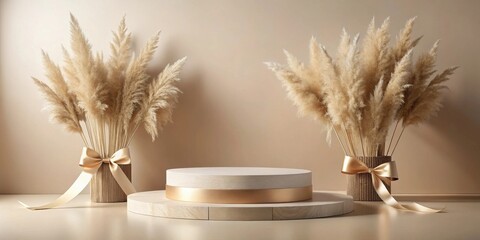 Poster - Elegant neutral-toned display with pampas grass and ribbon