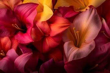 Poster - Colorful flowers with vibrant petals create an artistic contrast in a striking arrangement against a dark background, offering room for creative text placement