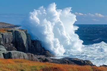 Aufkleber - Waves crashing against rocky cliffs along a vibrant ocean landscape in a coastal setting
