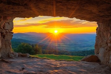 Aufkleber - Sunset viewed from a cave with vibrant colors illuminating the sky over the mountains