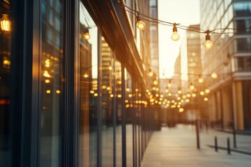 Aufkleber - The composition features a blurred bokeh backdrop of financial buildings with soft corporate symbols, creating a professional business atmosphere in muted tones