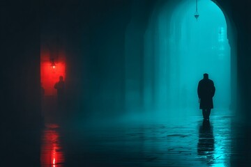 Poster - Silhouette of a figure walking through a misty corridor illuminated by red and blue lights at night in an urban setting