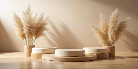 Fototapete - Minimalist Display Featuring Wooden Platforms and Pampas Grass