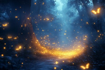 Poster - Magical forest pathway illuminated by glowing butterflies at dusk