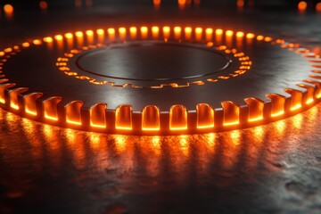 Poster - Futuristic gear mechanism glowing with orange light on a dark metallic surface