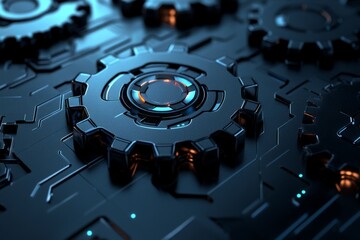 Poster - Detailed close-up of black metallic gears with glowing blue accents on a stylish circuit-like background