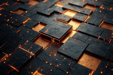 Fototapete - Abstract representation of glowing tiles on a textured surface creating an intricate design