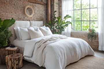 Leinwandbilder - Cozy modern bedroom design featuring a comfortable bed with natural light and greenery in a rustic setting