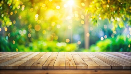 Aufkleber - Wooden Tabletop with Bright Sunny Bokeh Background Ideal for Product Placement or Spring Theme Designs