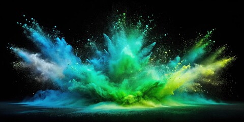 Aufkleber - Dynamic Color Burst A Vibrant Explosion of Green, Blue, and White Powder Against a Black Background