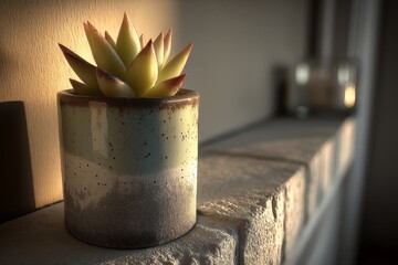 Aufkleber - Succulent plant in a decorative pot on a stone ledge illuminated by warm sunlight in a cozy room