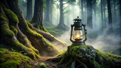 Poster - A glowing lantern rests on a moss-covered rock amidst a mystical fog-laden forest path